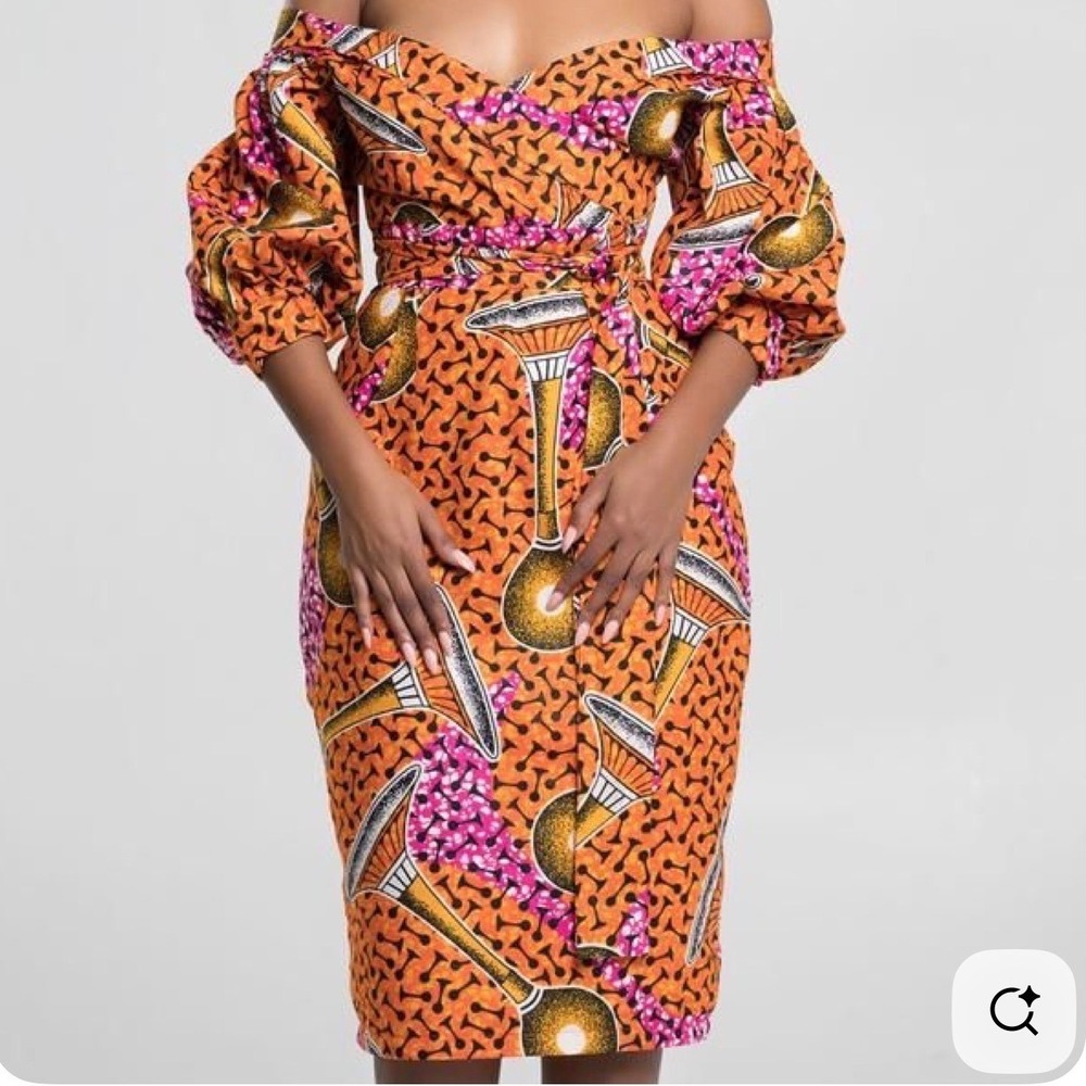 Grass-Fields African Wax Print Off Shoulder Midi Dress Orange Pink Size 16